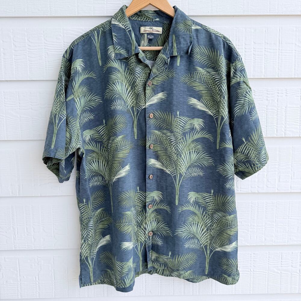 Tommy Bahama Silk Hawaiian Camp Shirt Blue Palm Leaf Tropical Men's L